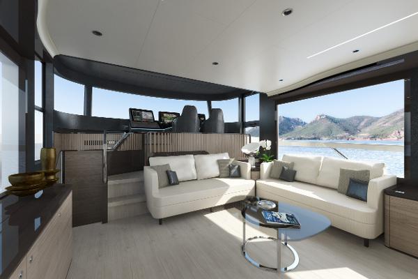 Slide: The Image of Luxurious interior of the 2024 Absolute Navetta 64 yacht with scenic ocean view. - 14