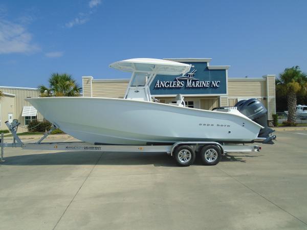 Slide: The Image of 2024 Cape Horn 27XS boat on trailer at Anglers Marine NC dealership. - 1