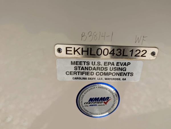 Slide: The Image of 2022 Carolina Skiff 21 SWS boat identification and EPA certification labels. - 9