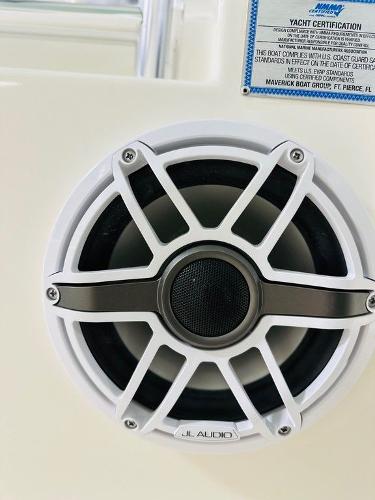 Slide: The Image of 2024 Cobia 262 CC boat speaker, JL Audio, yacht certification label visible. - 1