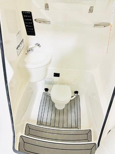 Slide: The Image of 2024 Cobia 262 CC boat interior with compact bathroom and modern fixtures. - 9