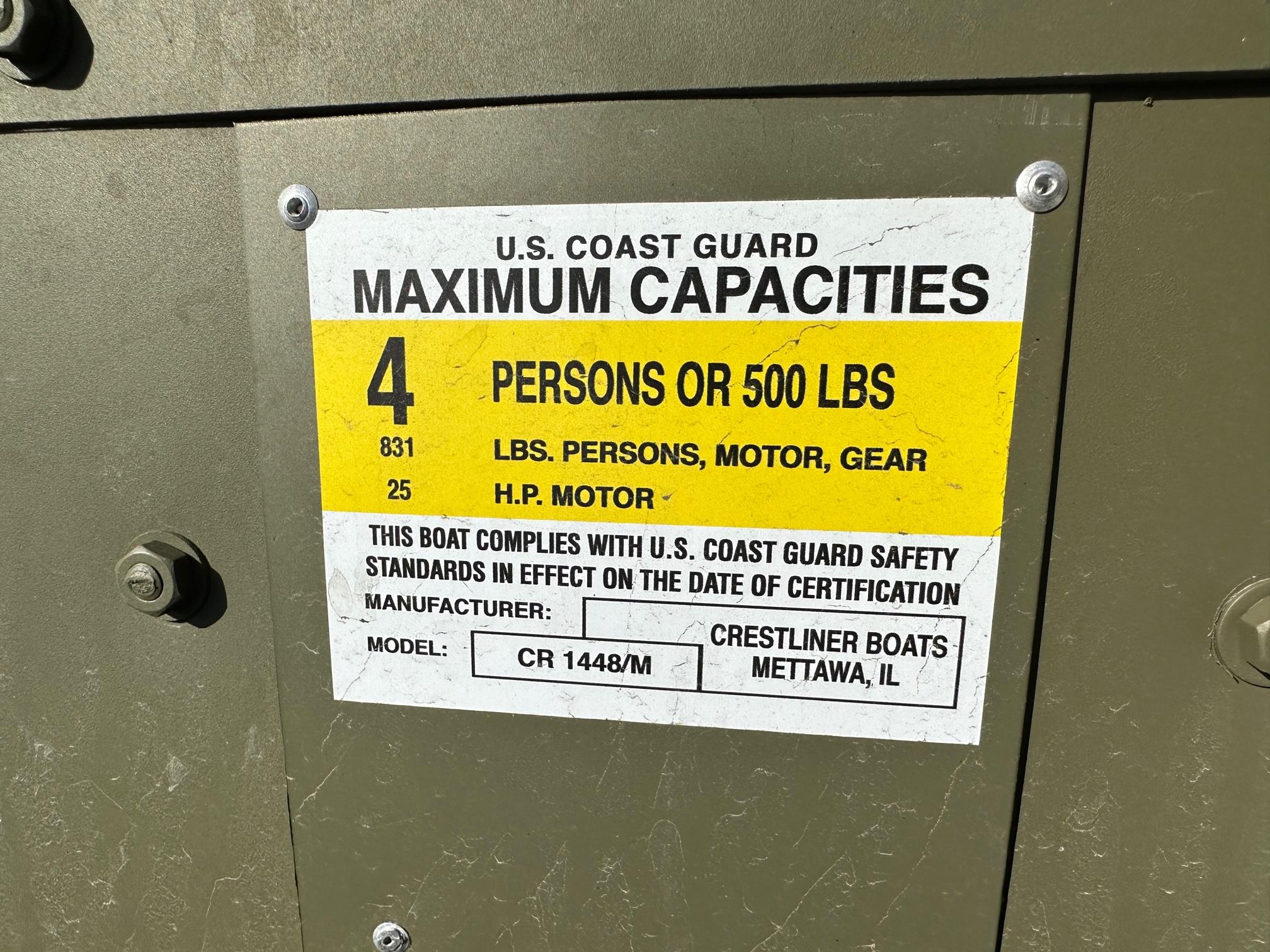 Slide: The Image of U.S. Coast Guard capacity label on 2024 Crestliner 1448M boat. - 4