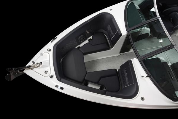 Slide: The Image of 2023 Four Winns H2 OB boat interior, black and white seating, top view. - 30