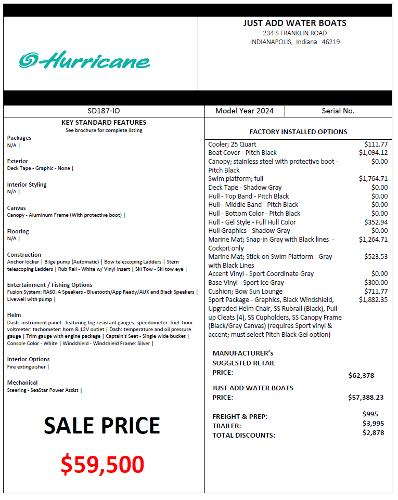 Slide: The Image of Hurricane SunDeck 187 IO 2024 boat price list with sale price of $59,500. - 15