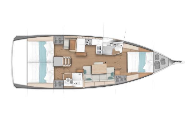Slide: The Image of 2025 Jeanneau Sun Odyssey 440 interior layout with cabins, kitchen, and seating area. - 49