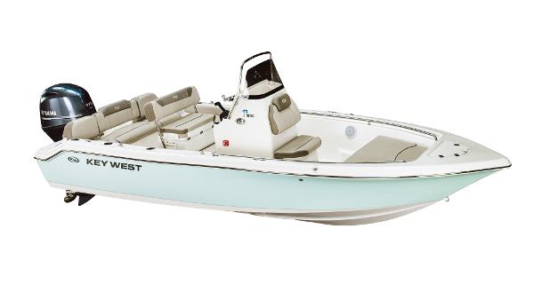 Slide: The Image of 2024 Key West 189 FS boat with Yamaha outboard motor, white and light blue hull. - 41