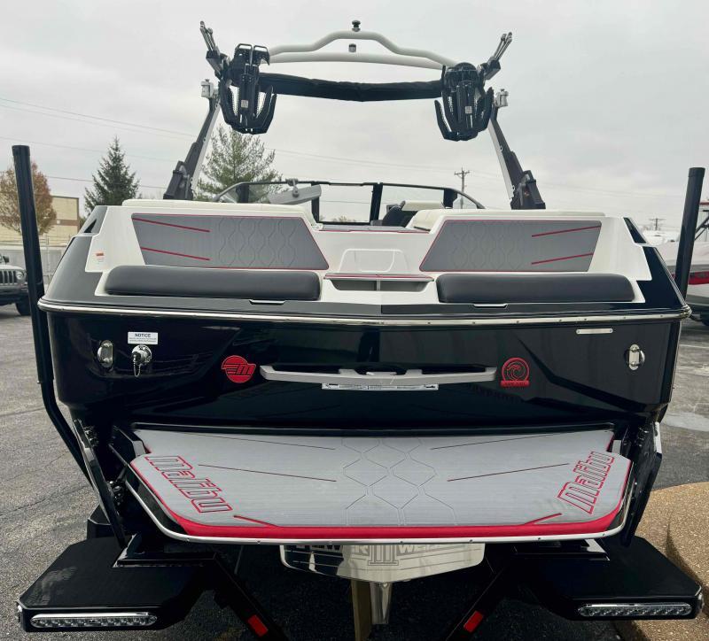 Slide: The Image of 2024 Malibu M220 boat, rear view, black and white design with red accents. - 24