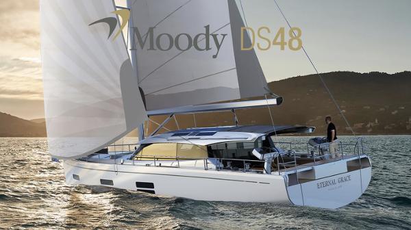Slide: The Image of Sailing yacht Moody 48 Deck Saloon 2025 on open water at sunset. - 0
