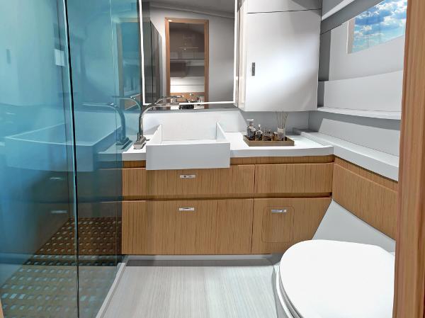 Slide: The Image of Luxurious bathroom in 2025 Moody 48 Deck Saloon yacht with modern fixtures and wooden cabinetry. - 14
