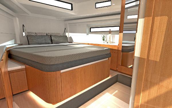 Slide: The Image of Luxurious interior of 2025 Moody 48 Deck Saloon yacht with modern bedroom design. - 15