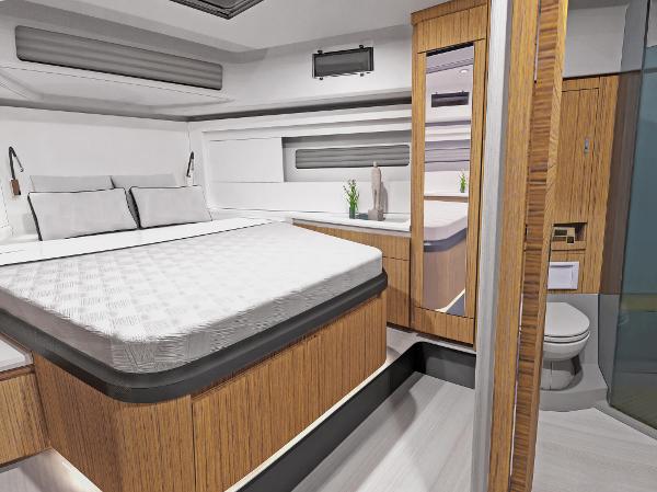 Slide: The Image of Luxurious interior of 2025 Moody 48 deck saloon yacht with modern bedroom and bathroom. - 16