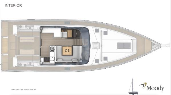 Slide: The Image of Interior layout of 2025 Moody 48 Deck Saloon yacht, featuring spacious living and dining areas. - 17