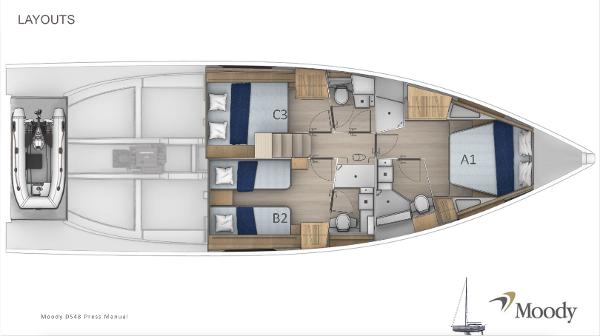 Slide: The Image of Layout of 2025 Moody 48 Deck Saloon yacht with cabins and amenities. - 20