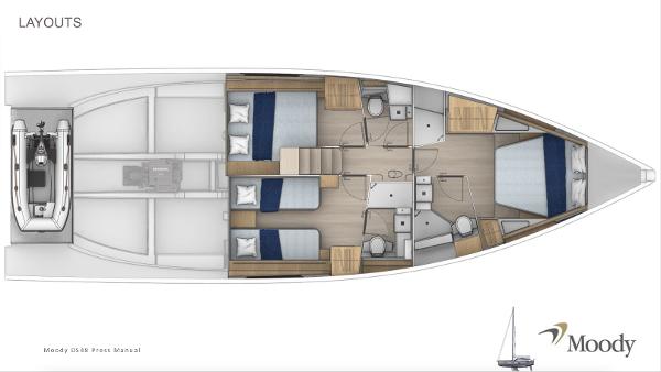 Slide: The Image of 2025 Moody 48 Deck Saloon yacht layout with cabins and amenities. - 21