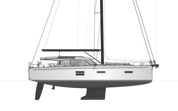 Slide: The Image of 2025 Moody 48 Deck Saloon sailboat, side view, sleek design, modern features. - 23