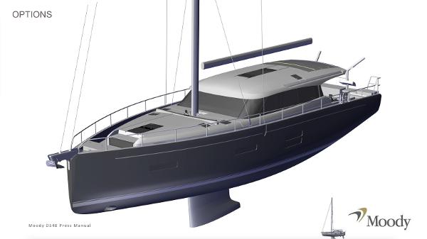 Slide: The Image of 2025 Moody 48 Deck Saloon yacht, sleek design, side view, modern sailing vessel. - 24