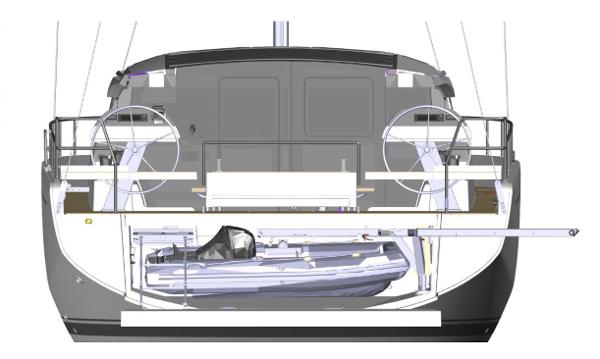 Slide: The Image of 2025 Moody 48 Deck Saloon yacht design, featuring dual steering wheels and integrated dinghy storage. - 25