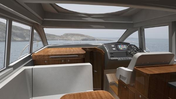 Slide: The Image of Interior of 2025 Nimbus 405 Coupé yacht with wooden finishes and modern dashboard. - 9