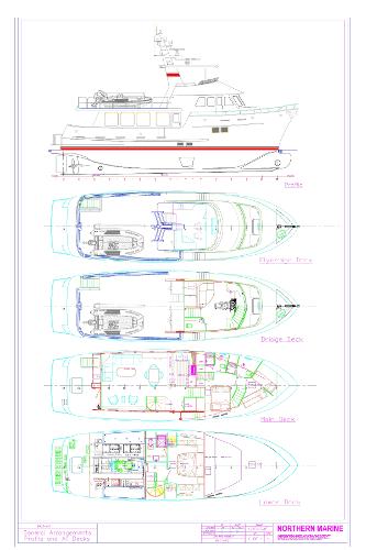Slide: The Image of Blueprint of 2025 Northern Marine 64 yacht, showing side view and deck layouts. - 5