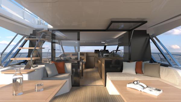 Slide: The Image of Luxurious interior of Prestige M48 yacht, 2025 model, featuring modern seating and panoramic ocean views. - 10