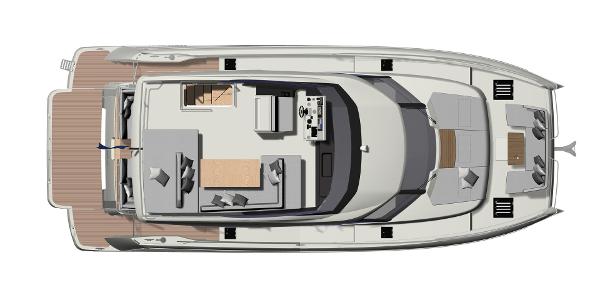 Slide: The Image of Top view of 2025 Prestige M48 yacht layout with spacious deck and seating areas. - 23
