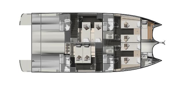 Slide: The Image of Top view of 2025 Prestige M48 yacht interior layout with multiple cabins and living spaces. - 26
