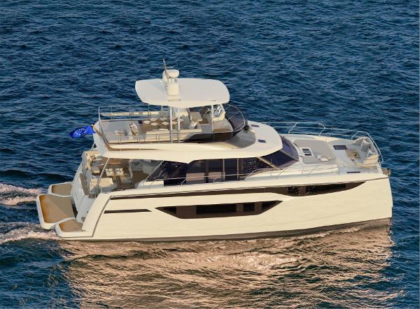 Slide: The Image of 2025 Prestige M48 yacht cruising on open water. - 6