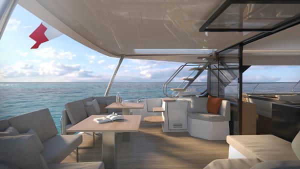 Slide: The Image of Luxurious 2025 Prestige M48 yacht interior with ocean view and modern seating area. - 9