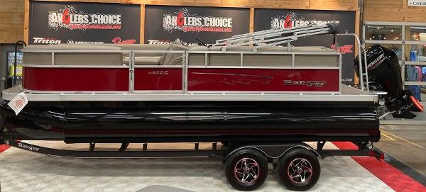 Slide: The Image of 2024 Ranger 200C pontoon boat on display at Angler's Choice showroom. - 0