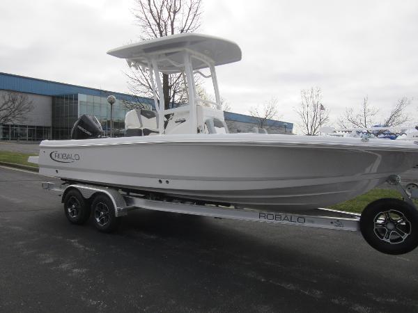Slide: The Image of 2024 Robalo 226 Cayman boat on trailer, side view. - 3