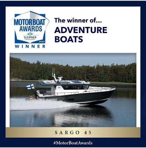 Slide: The Image of Award-winning Sargo 45 Cat A motorboat cruising on a lake, 2025 model. #MotorBoatAwards - 0