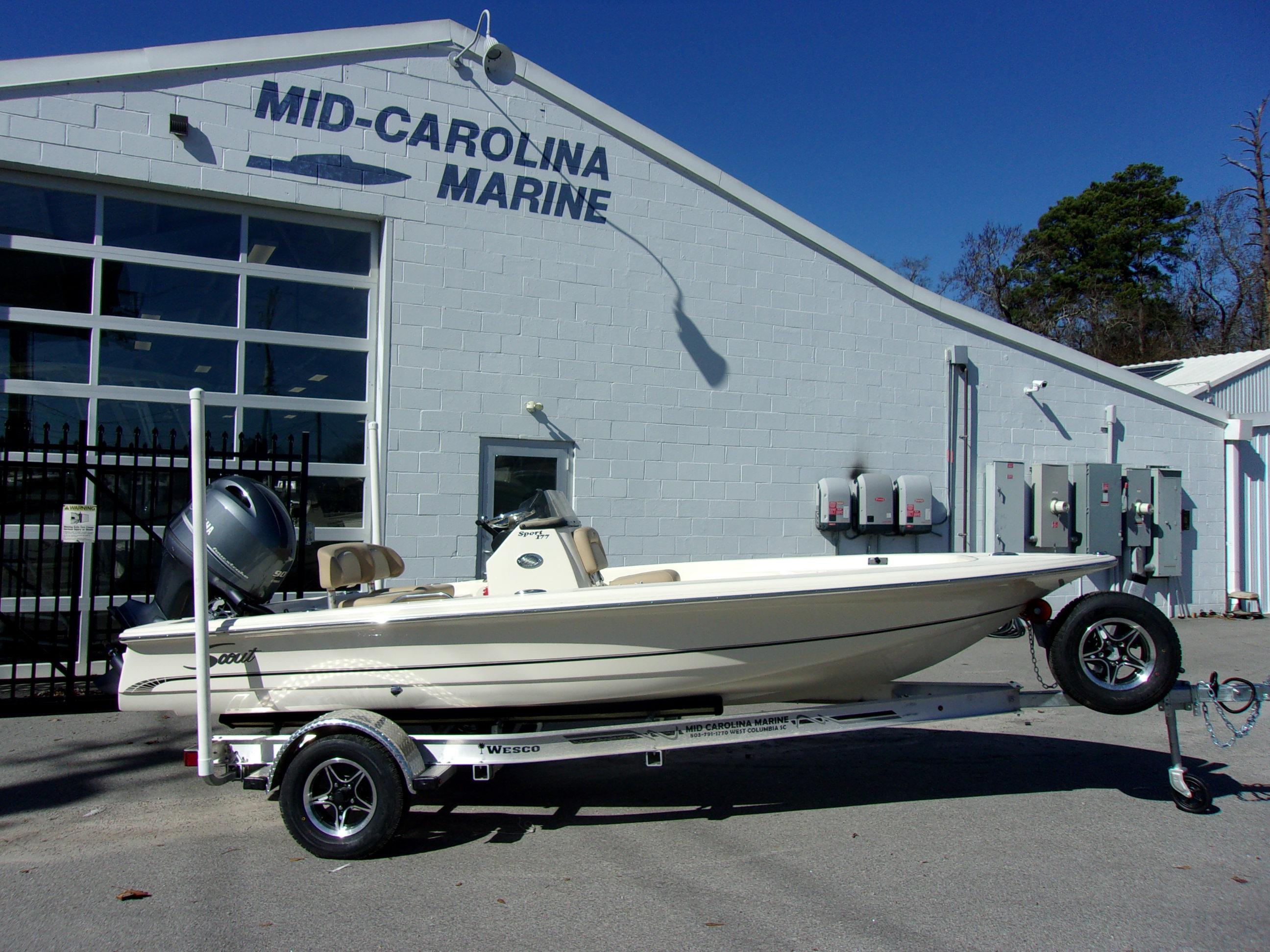 Slide: The Image of 2024 Scout 177 Sport boat at Mid-Carolina Marine dealership. - 2