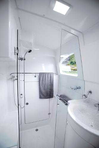 Slide: The Image of Modern bathroom in 2024 Seawind 1160 Lite catamaran with shower and sink. - 27
