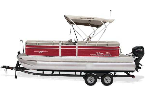Slide: The Image of 2024 Sun Tracker Party Barge 20 DLX pontoon boat on trailer with canopy. - 10