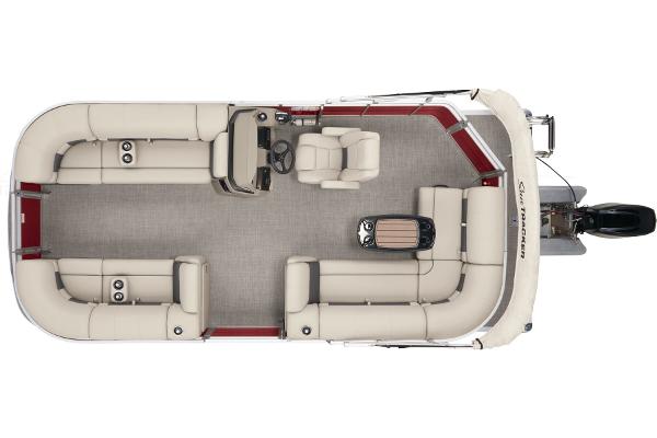 Slide: The Image of 2024 Sun Tracker Party Barge 20 DLX pontoon boat, top view, spacious seating, and modern design. - 11