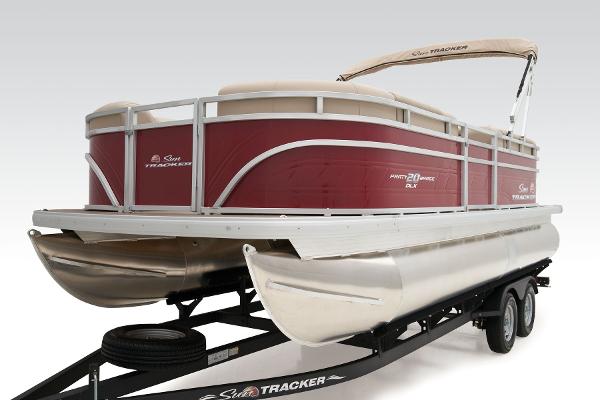 Slide: The Image of 2024 Sun Tracker Party Barge 20 DLX pontoon boat on trailer. - 14