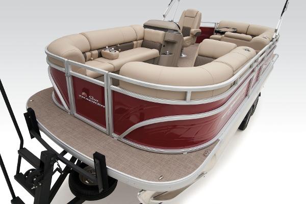 Slide: The Image of 2024 Sun Tracker Party Barge 20 DLX pontoon boat with beige seating and red exterior. - 15
