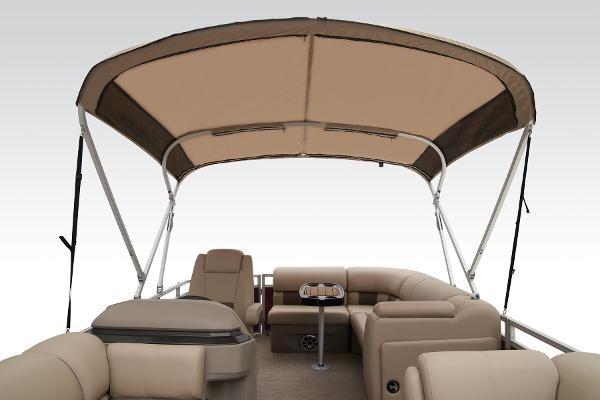 Slide: The Image of 2024 Sun Tracker Party Barge 20 DLX pontoon boat interior with canopy. - 23