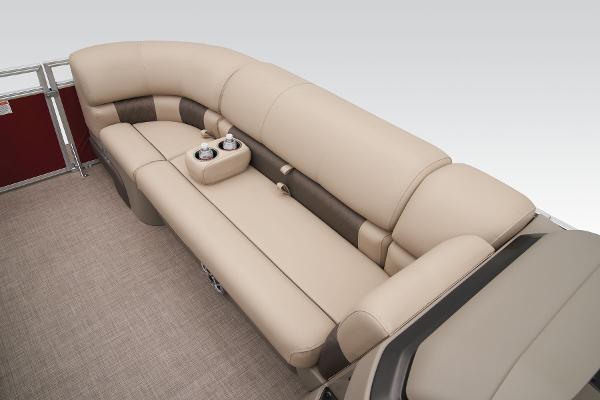 Slide: The Image of Sun Tracker Party Barge 20 DLX 2024 interior seating with cup holders. - 28