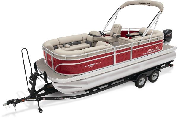 Slide: The Image of 2024 Sun Tracker Party Barge 20 DLX pontoon boat on trailer. - 6