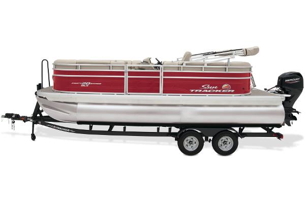 Slide: The Image of 2024 Sun Tracker Party Barge 20 DLX pontoon boat on trailer. - 8