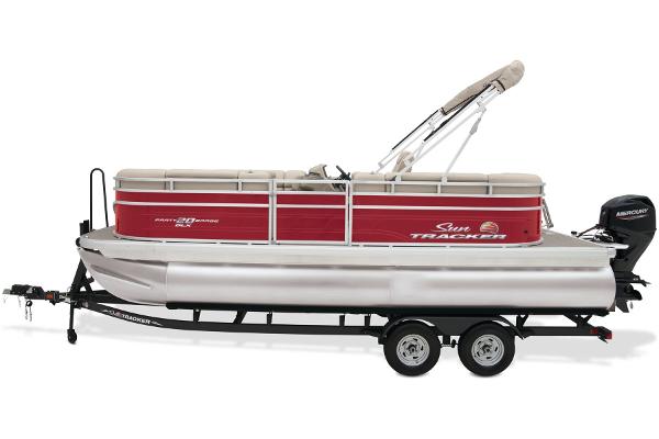 Slide: The Image of 2024 Sun Tracker Party Barge 20 DLX pontoon boat on a trailer. - 9